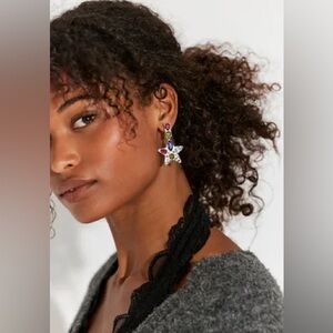 NWT Free People Nancy Ann Star Earrings, Silver w/Colored Rhinestones